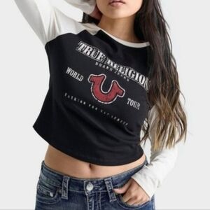 True Religion Black and Cream Long Sleeve Tee